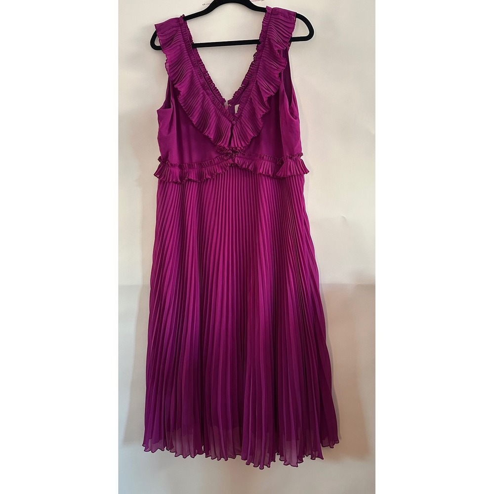 Sezane Rachelle Fuchsia Purple Pleated Ruffle V-Neck Midi Dress Size 46